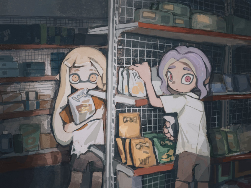1boy, 1girl, black_shorts, closed_mouth, dr_mice, food, highres, holding, holding_food, indoors, inkling, inkling_girl, long_hair, looking_at_viewer, octoling, octoling_boy, orange_eyes, orange_hair, pointy_ears, purple_hair, red_eyes, shelf, shirt, shop, shorts, splatoon_(series), tentacle_hair, torn_clothes, white_shirt