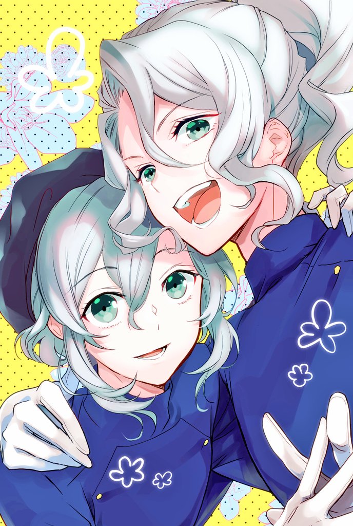 2boys, :d, akai_higasa, beret, black_headwear, blue_jacket, eugene_alexandrovich_romano, floral_background