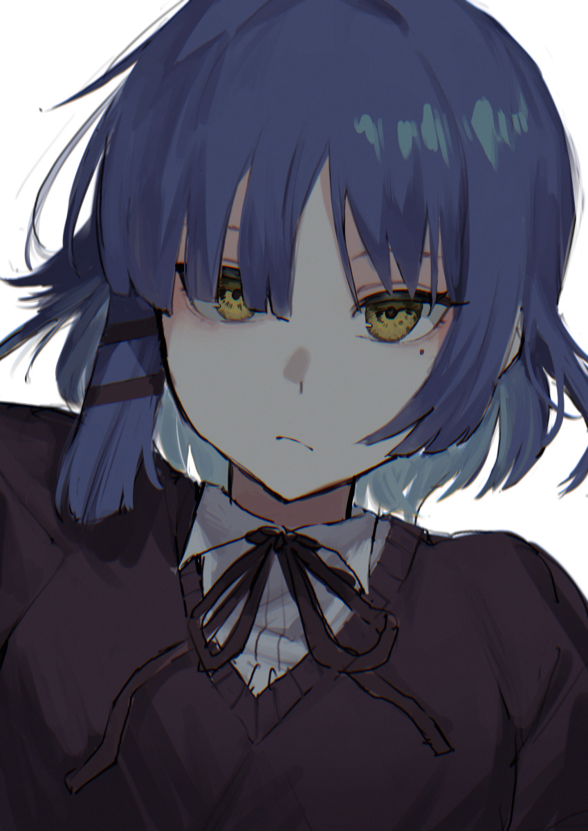 1girl, absurdres, bangs, black_ribbon, black_sweater, blue_hair, bocchi_the_rock!, collared_shirt