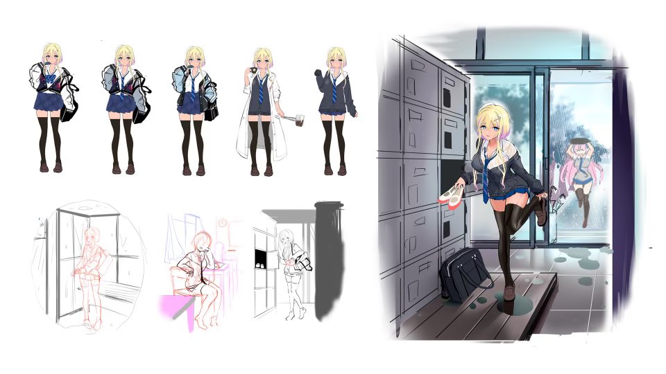 2girls, azur_lane, black_thighhighs, blonde_hair, blue_jacket, breasts, coat, jacket