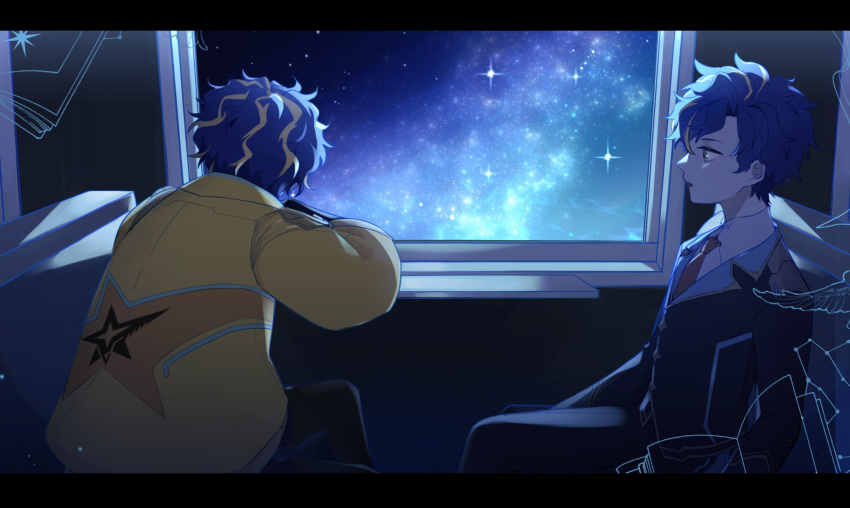 2boys, :o, aqua_eyes, astel_leda, black_footwear, black_jacket, black_pants, blonde_hair, blue_hair, book, boots, constellation, dual_persona, echo_(k_521212), facing_away, feet_out_of_frame, from_side, hair_between_eyes, highres, holostars, jacket, lapels, letterboxed, light_particles, looking_at_another, looking_outside, male_focus, multicolored_hair, multiple_boys, necktie, night, notched_lapels, open_book, pants, profile, red_necktie, shirt, short_hair, sitting, sky, star_(sky), starry_sky, streaked_hair, thigh_boots, train_interior, virtual_youtuber, wavy_hair, white_shirt, window, yellow_jacket