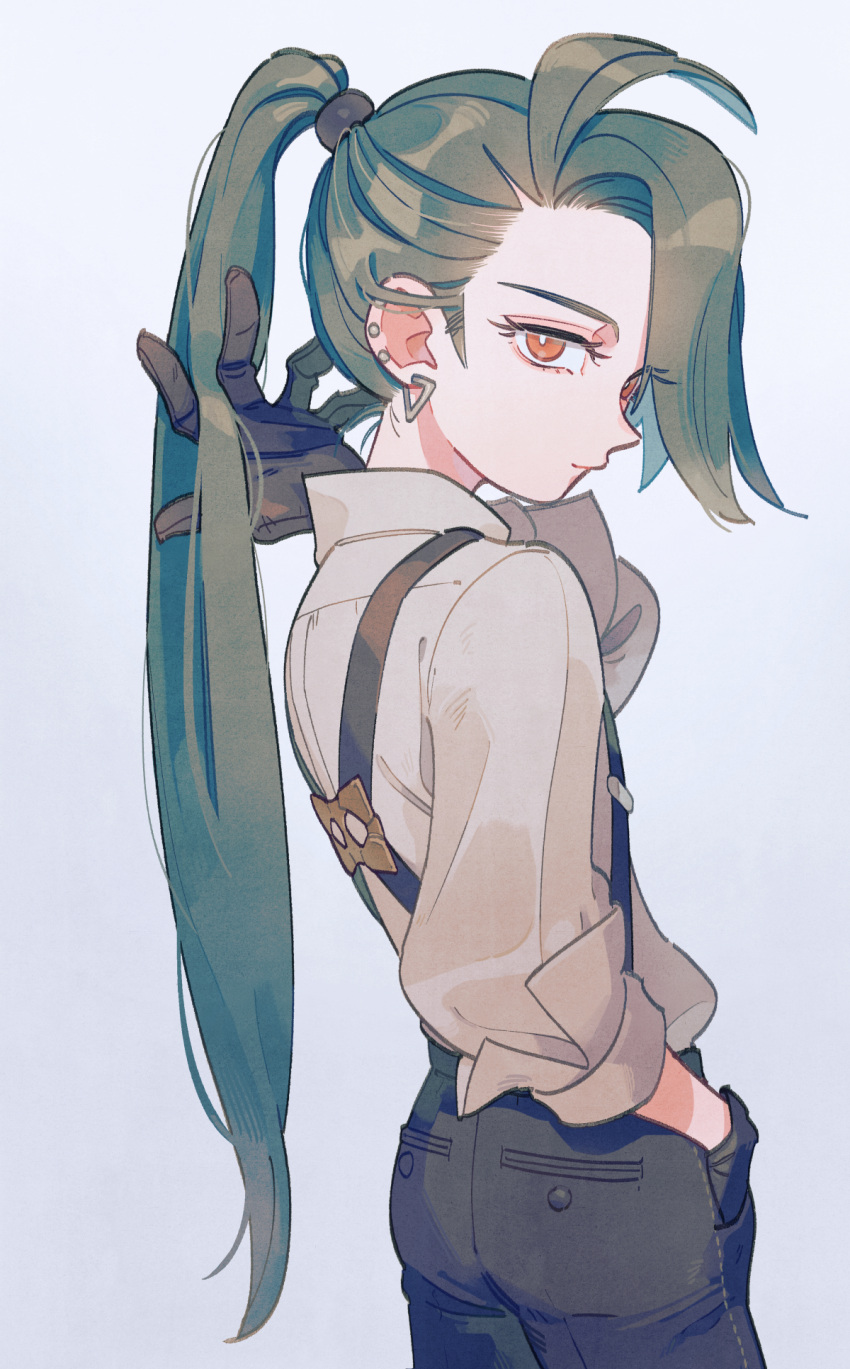 1girl, ahoge, bangs, black_gloves, black_pants, bright_pupils, closed_mouth, earrings