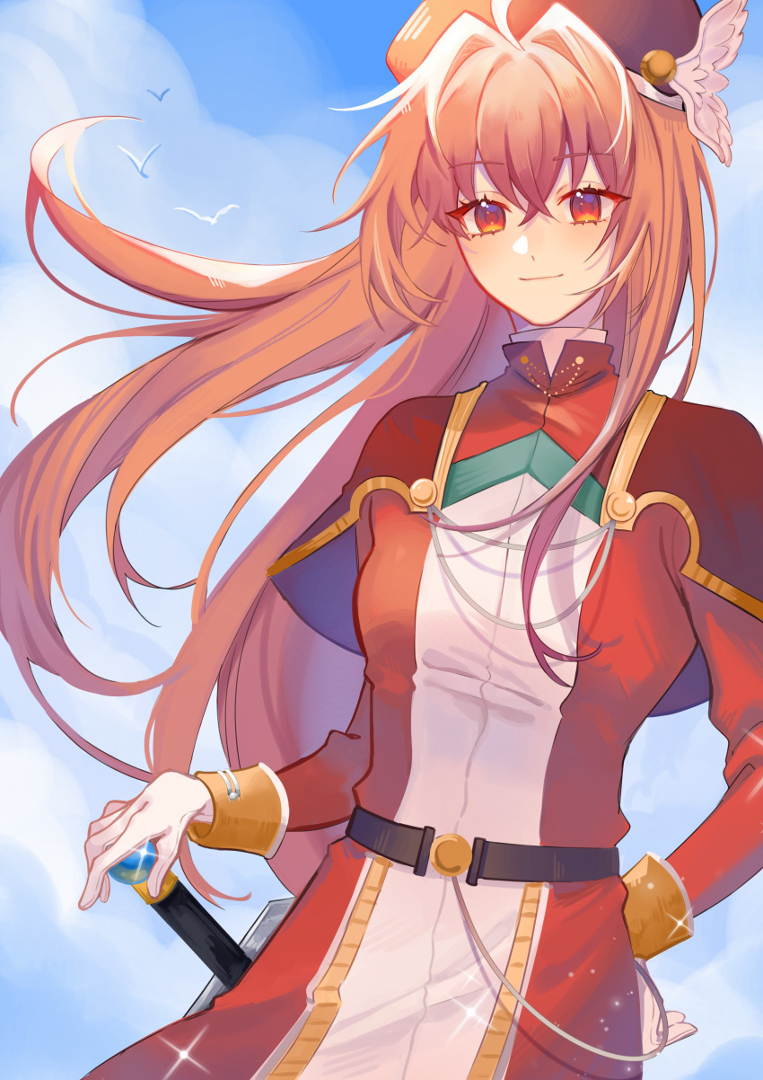 1girl, absurdres, antenna_hair, bird, brown_eyes, capelet, clouds, eiyuu_densetsu
