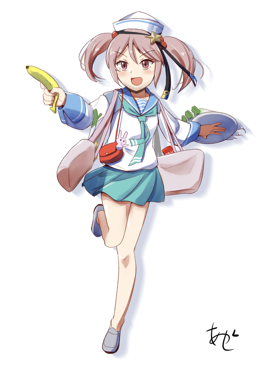 1girl, akashieru, aqua_neckerchief, aqua_skirt, banana, black_ribbon, blue_sailor_collar, cosplay