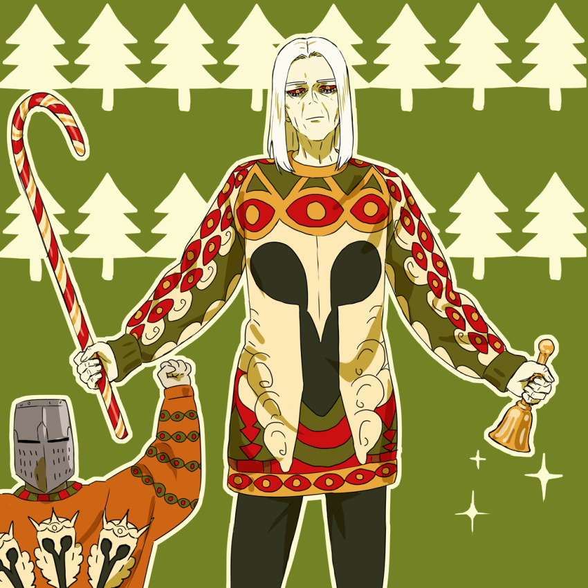 2boys, arizuka_(catacombe), arm_up, bell, black_pants, border, candy, candy_cane
