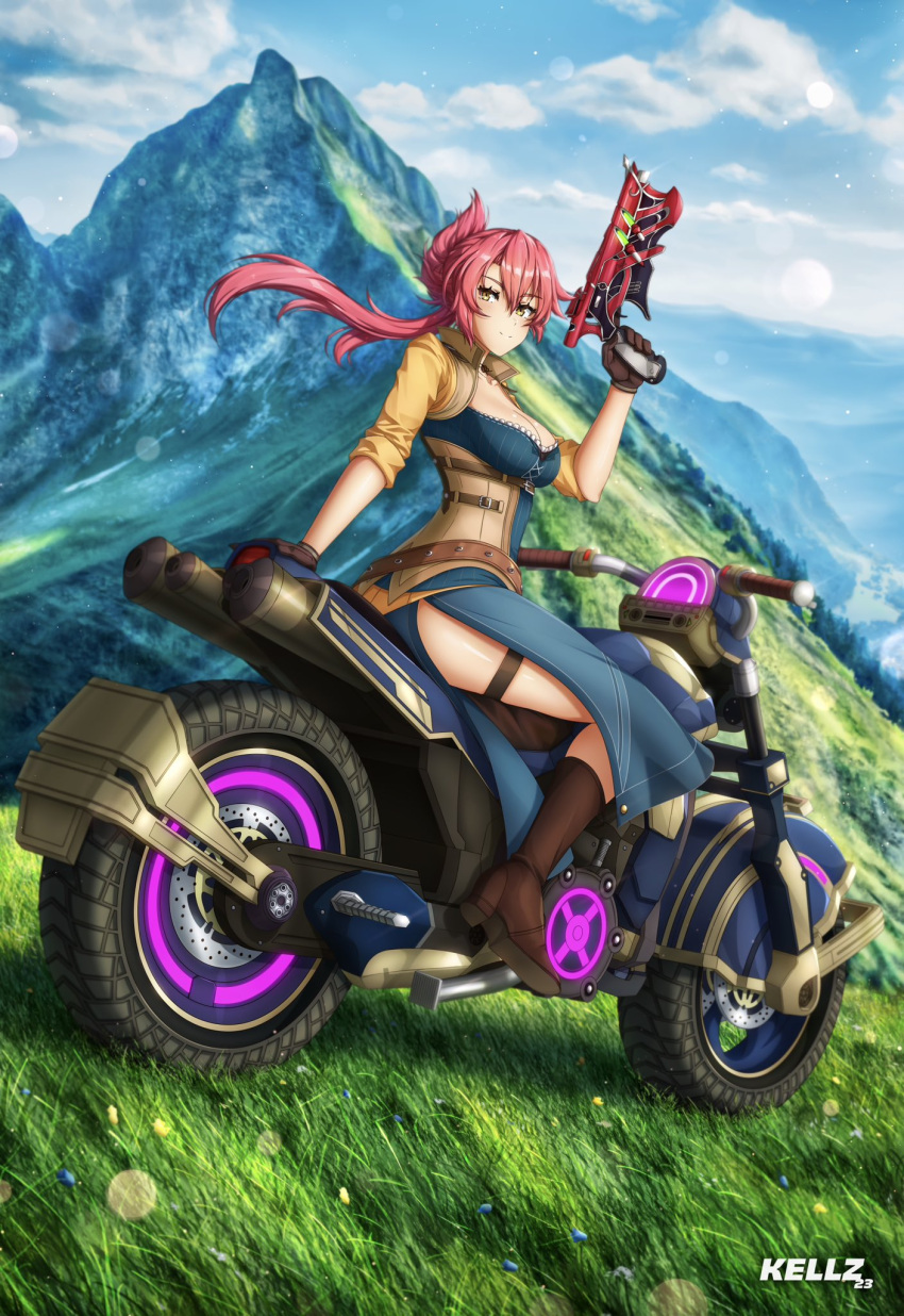 1girl, blue_sky, breasts, clouds, eiyuu_densetsu, full_body, gloves, grass