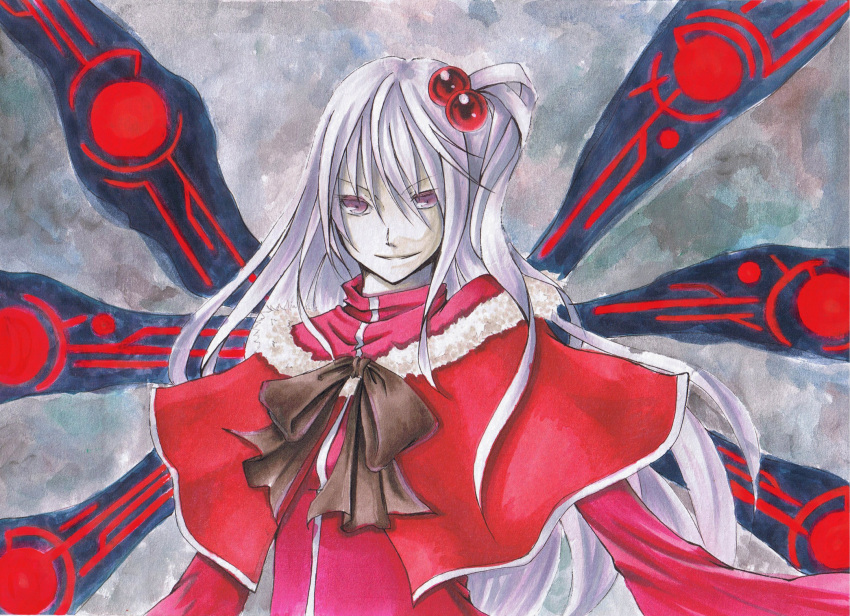 bow, capelet, grin, hair_bobbles, highres, kuroageha, long_hair, shinki, side_ponytail, silver_hair, smile, touhou, violet_eyes, wings