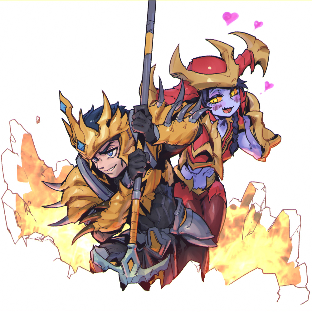 1boy, 1girl, armor, bangs, black_bodysuit, blush, bodysuit, colored_sclera
