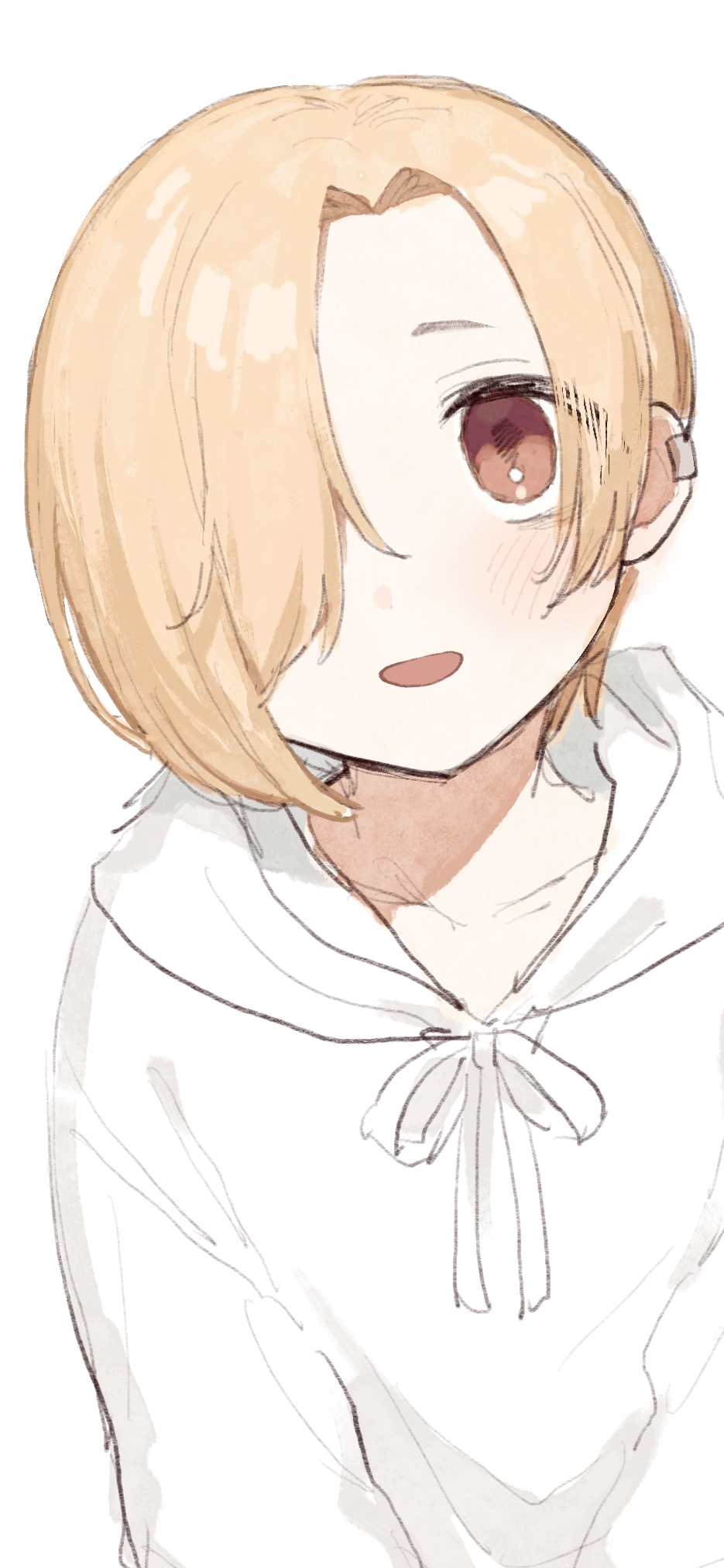 1girl, :d, bangs, blonde_hair, blush, chiyoko_(tykchiyo), ear_piercing, highres