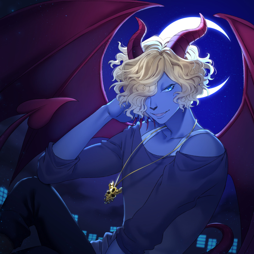 1boy, black_shirt, blonde_hair, blue_eyes, blue_skin, colored_skin, crescent_moon, demon_boy, demon_horns, demon_tail, demon_wings, deyan_(show_by_rock!!), highres, horns, jewelry, long_sleeves, looking_at_viewer, male_focus, mel6969, moon, necklace, night, night_sky, open_mouth, shirt, short_hair, show_by_rock!!, sky, smile, solo, star_(sky), starry_sky, tail, wings