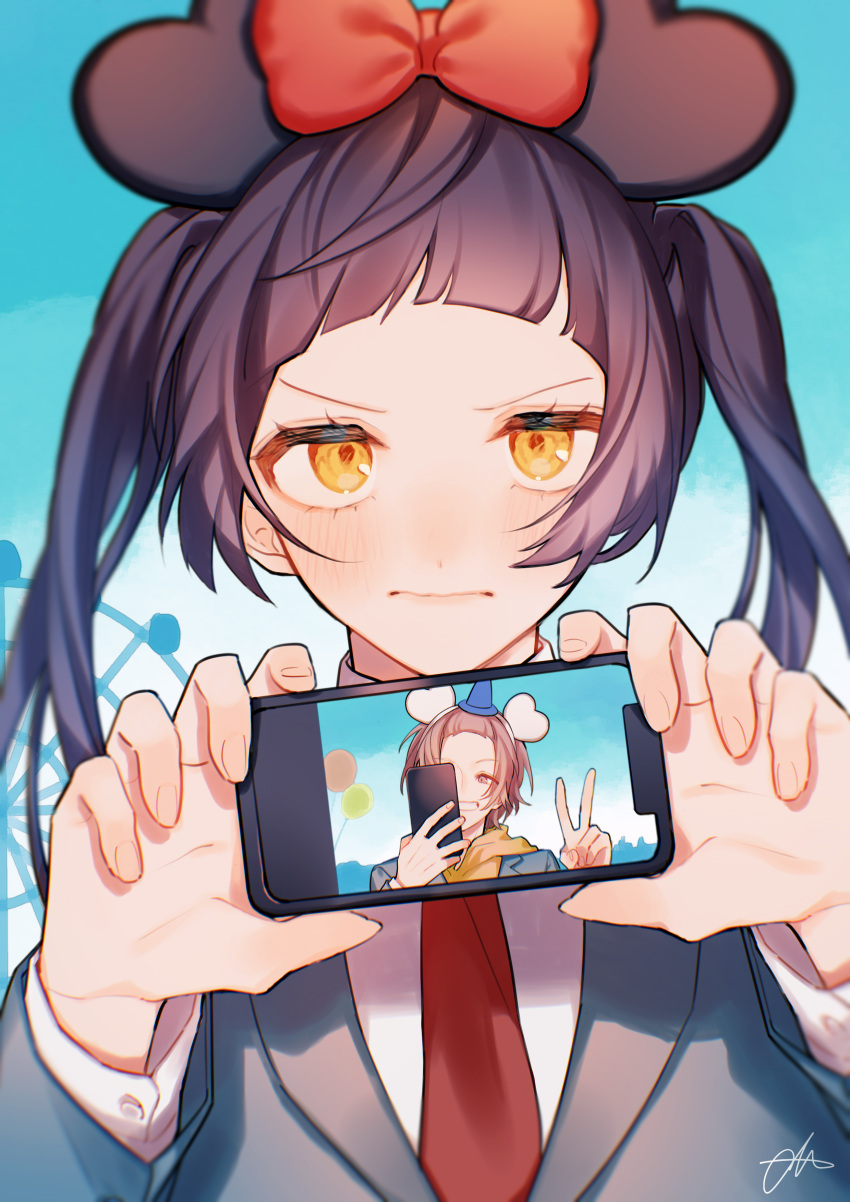 1boy, 1girl, absurdres, alternate_hair_color, amusement_park, balloon, bangs, bangs_pinned_back, black_headwear, blue_headwear, blunt_bangs, blurry, blush, bow, brown_eyes, brown_hair, cellphone, cellphone_picture, closed_mouth, depth_of_field, disneyland, embarrassed, eyes_visible_through_hair, ferris_wheel, fingernails, grin, hands_up, happy, hat, heart-shaped_ear, highres, holding, holding_phone, honeyworks, lapels, long_hair, long_sleeves, looking_at_viewer, mini_hat, naruna_(star), necktie, notched_lapels, one_eye_covered, outdoors, phone, purple_hair, raised_eyebrows, red_bow, red_necktie, school_uniform, shibasaki_ken, shirt, short_hair, signature, smartphone, smile, soft_focus, takamizawa_arisa, taking_picture, twintails, upper_body, v, v-shaped_eyebrows, white_headwear, white_shirt, wizard_hat, yellow_eyes
