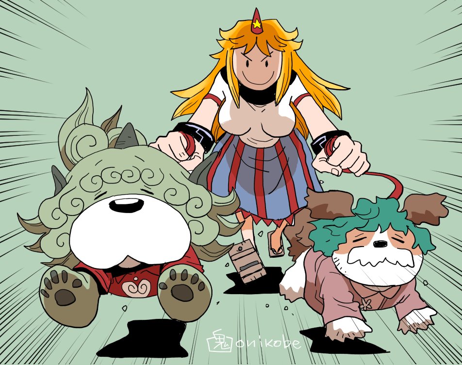 >:), 1girl, animalization, armlet, bangs, blonde_hair, blue_skirt, bracelet, breasts, brown_fur, closed_eyes, dog, dress, emphasis_lines, geta, green_background, green_fur, green_hair, hanging_breasts, holding, holding_leash, horns, hoshiguma_yuugi, jewelry, kasodani_kyouko, kasodani_kyouko_(yamabiko), komano_aunn, komano_aunn_(komainu), leaning_forward, leash, long_hair, long_skirt, oni_horns, onikobe_rin, orange_hair, pawpads, pink_dress, red_horns, red_shirt, red_trim, running, running_towards_viewer, sandals, shadow, shirt, short_hair, simple_background, single_horn, skirt, smile, solid_oval_eyes, star_(symbol), striped, striped_skirt, t-shirt, touhou, v-shaped_eyebrows, white_fur, white_shirt