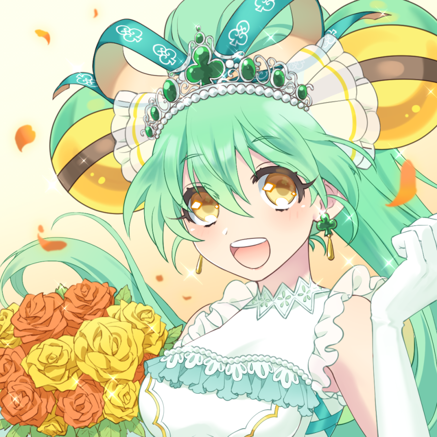1girl, bouquet, dress, earrings, flower, gloves, green_hair, high_ponytail
