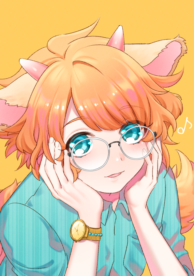 1boy, animal_ears, blue_eyes, glasses, horns, looking_at_viewer, male_focus, mel6969