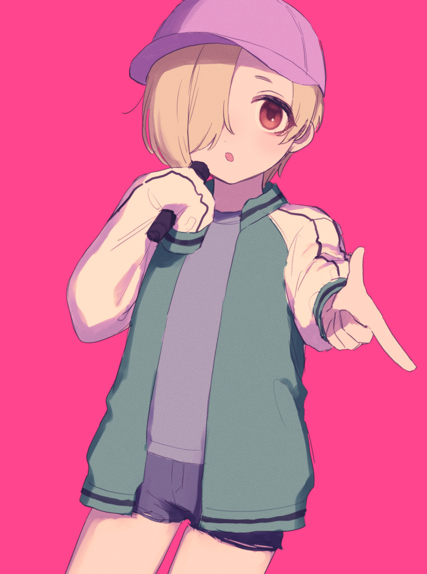 1girl, :o, bangs, blonde_hair, blush, chiyoko_(tykchiyo), cowboy_shot, finger_gun