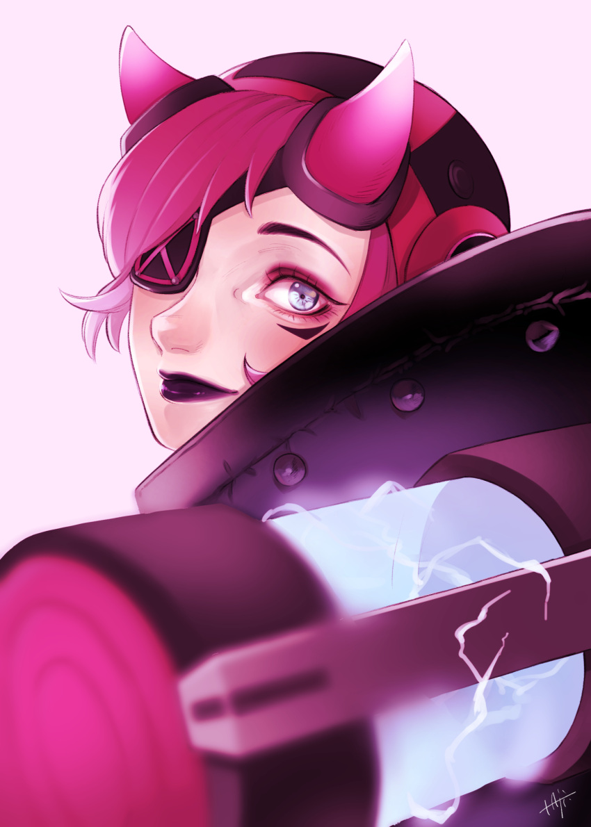 1girl, animification, apex_legends, bangs, black_headwear, black_lips, blue_eyes, commentary