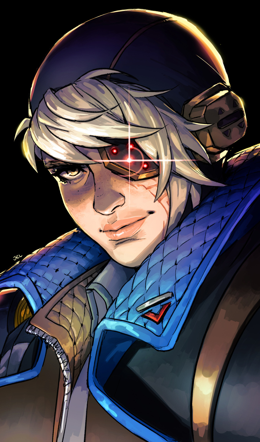 1girl, absurdres, apex_legends, bangs, black_background, black_headwear, black_jacket, collared_shirt