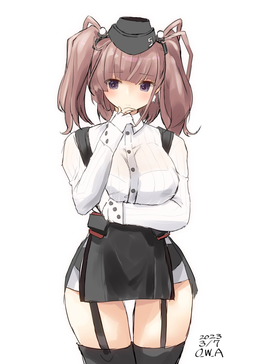 1girl, artist_name, atlanta_(kancolle), black_headwear, black_skirt, bra_visible_through_clothes, breasts, brown_hair, cowboy_shot, dated, dress_shirt, earrings, garrison_cap, garter_straps, gloves, grey_eyes, hat, high-waist_skirt, highres, jewelry, kantai_collection, large_breasts, long_hair, long_sleeves, looking_at_viewer, owa_(ishtail), partially_fingerless_gloves, shirt, single_earring, skirt, solo, star_(symbol), star_earrings, suspender_skirt, suspenders, twintails, two_side_up, white_gloves, white_shirt