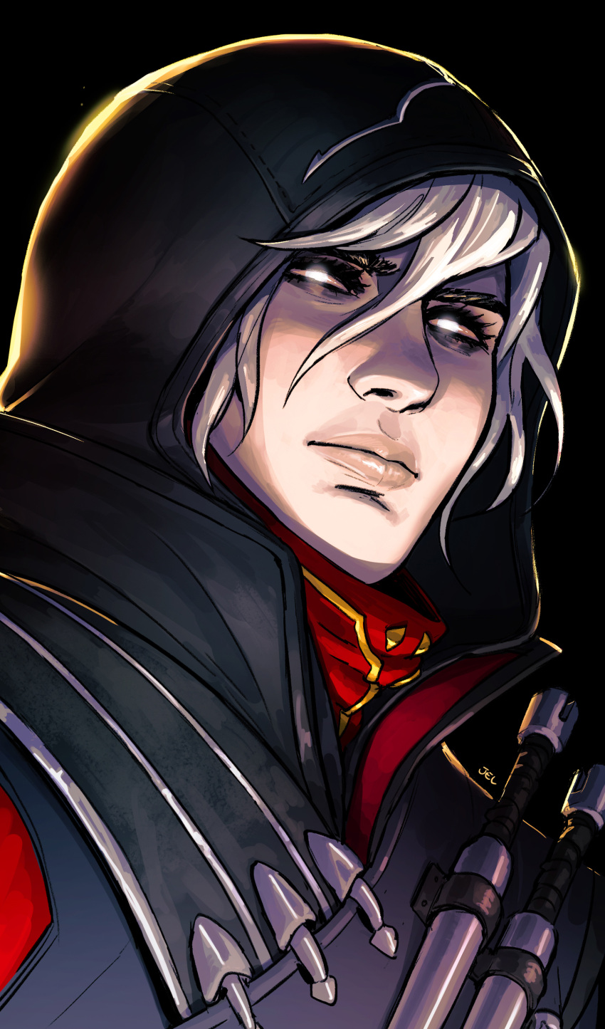 1girl, absurdres, apex_legends, black_background, black_jacket, glowing, glowing_eyes, grey_hair