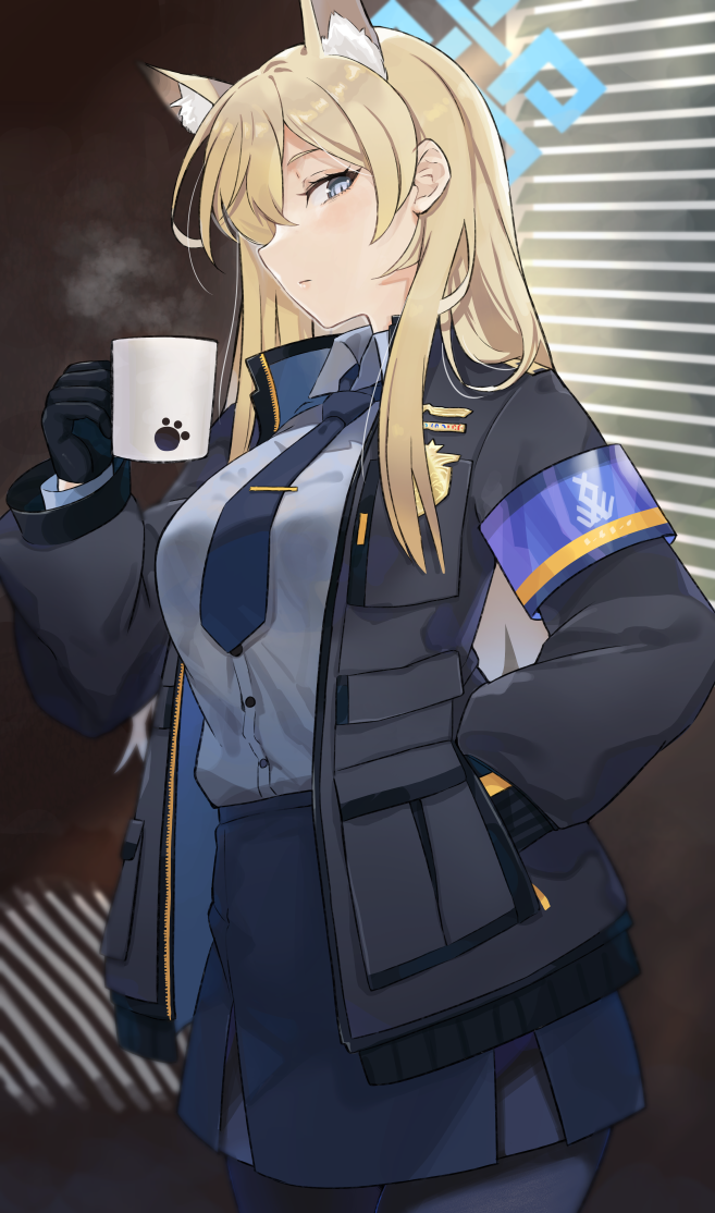 1girl, animal_ears, armband, black_gloves, black_jacket, black_pantyhose, blindfold, blonde_hair