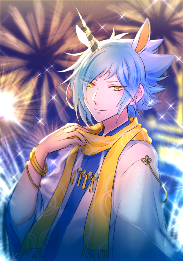 1boy, animal_ears, blue_hair, blue_shirt, fireworks, horns, horse_boy, horse_ears