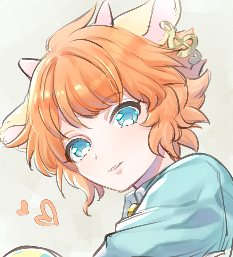 1boy, animal_ears, aqua_eyes, aqua_shirt, grey_background, heart, horns, looking_at_viewer