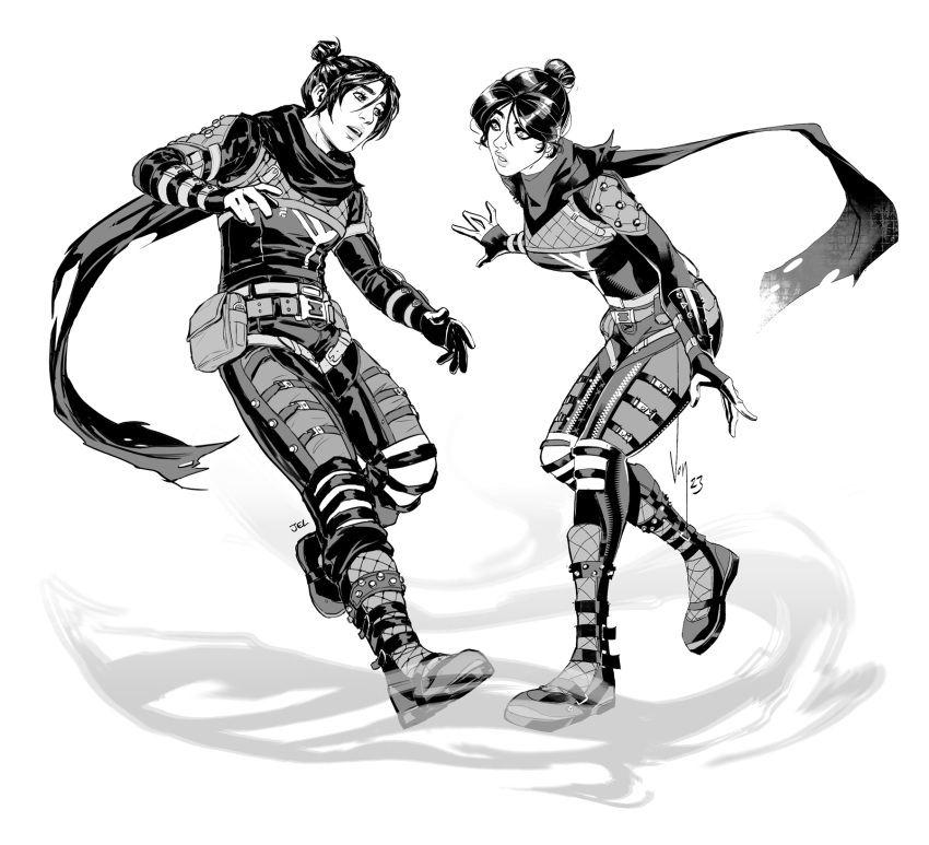 2girls, apex_legends, artist_name, bangs, belt, bodysuit, boots, collaboration
