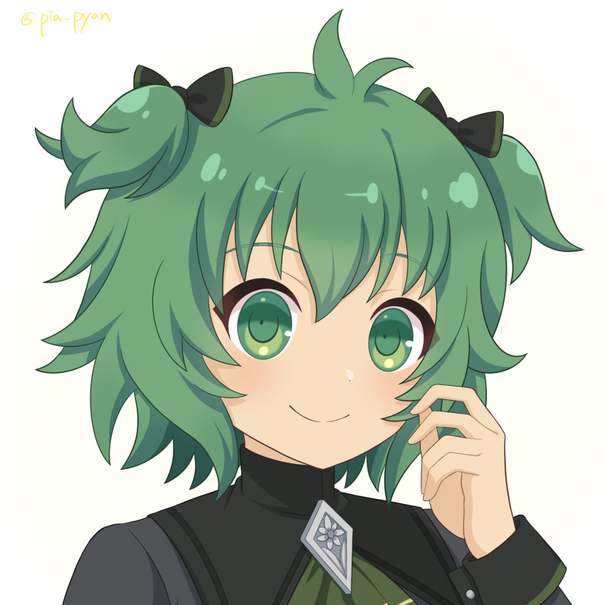1girl, antenna_hair, ascot, assault_lily, bangs, black_bow, black_shirt, bow