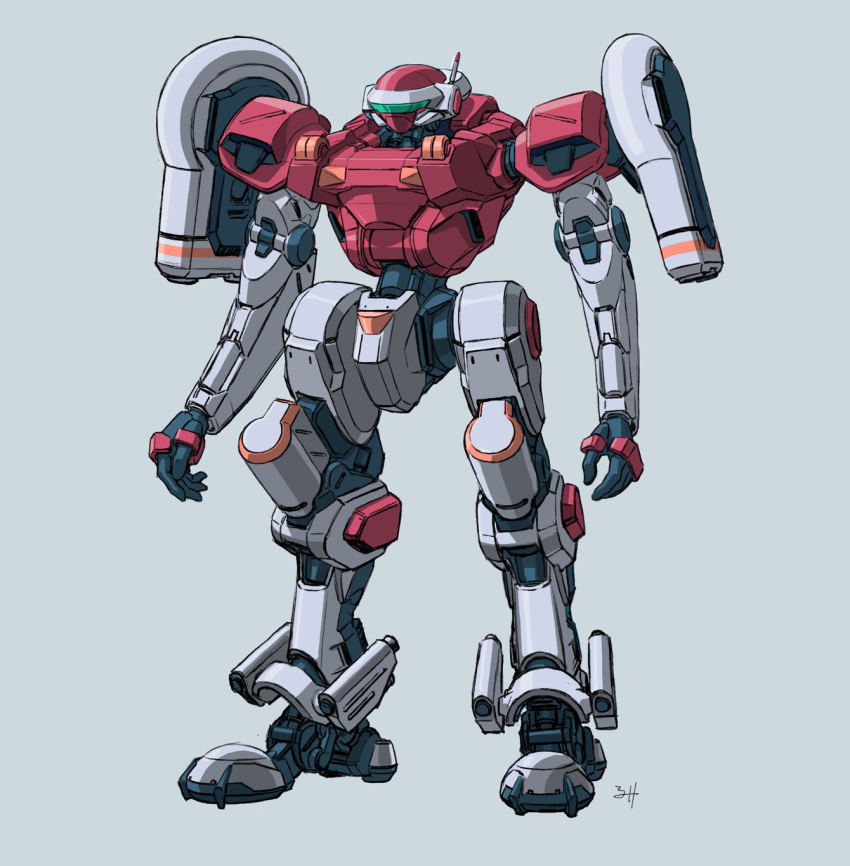 assault_visor, blue_background, full_body, highres, jong_hwan, korean_commentary, mecha, no_humans, open_hands, restol_machine_3, restol_special_rescue_squad, robot, science_fiction, solo, standing
