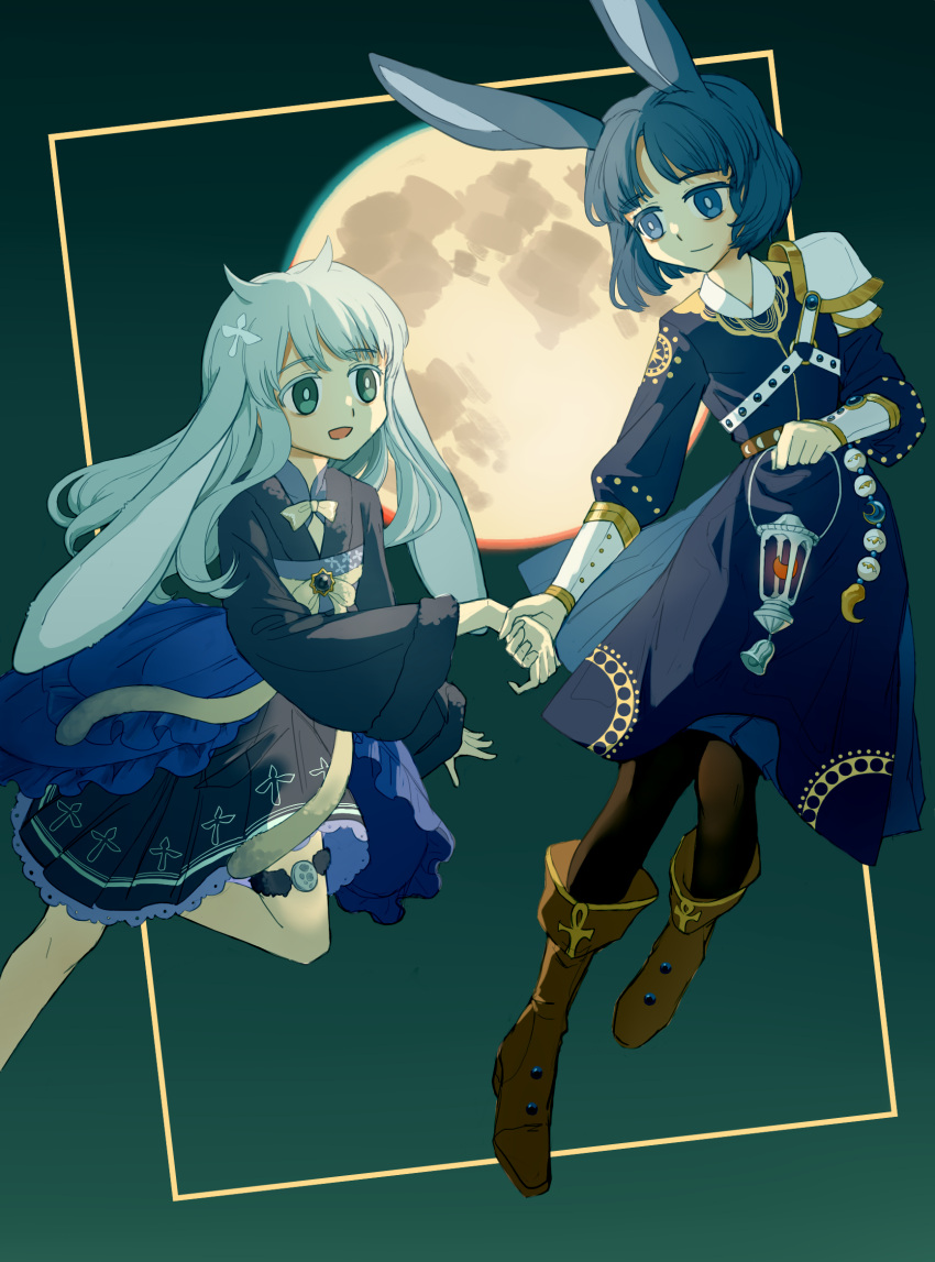 2girls, :d, alternate_costume, animal_ears, aqua_eyes, arm_at_side, azusa_mifuyu, bangs