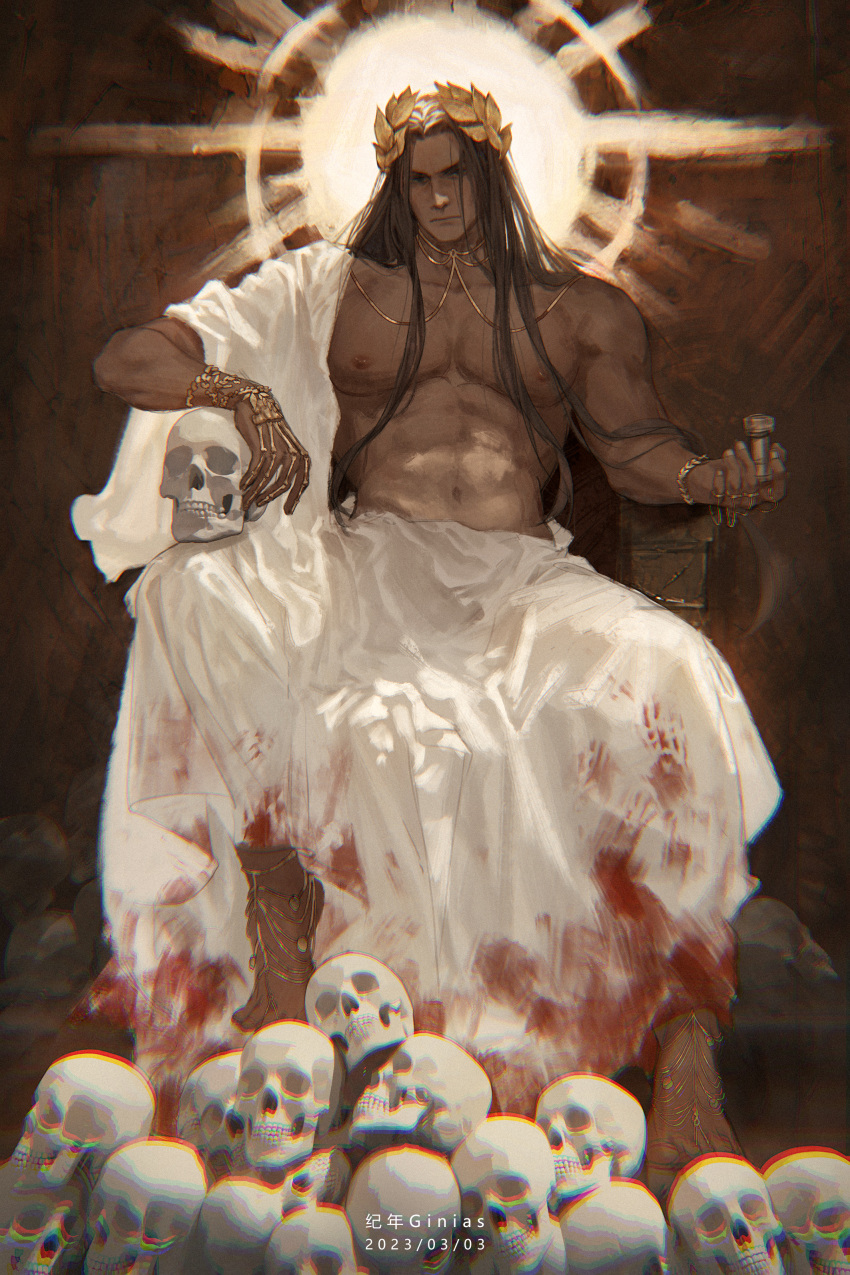 1boy, 2023, absurdres, artist_name, barefoot, black_eyes, black_hair, blood, blood_on_clothes, chalice, closed_mouth, dated, emperor_of_mankind, full_body, ginias, halo, highres, holding, holding_goblet, jewelry, laurel_crown, long_hair, looking_at_viewer, male_focus, muscular, muscular_male, navel, necklace, sitting, skull, solo, stomach, throne, toes, toga, warhammer_40k