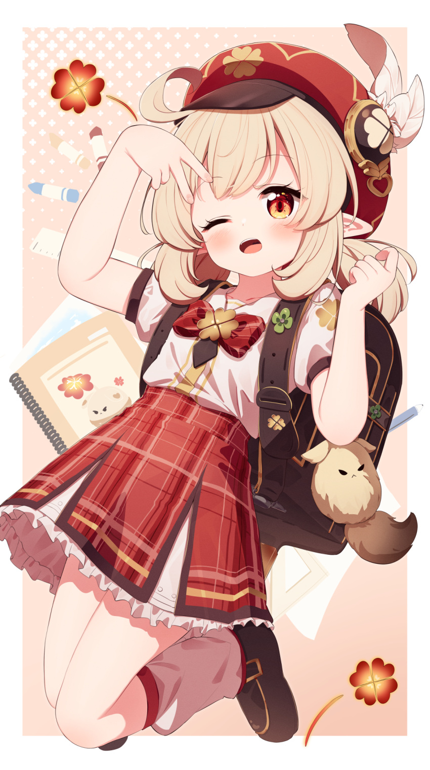 1girl, ahoge, arm_up, backpack, bag, black_footwear, blonde_hair, blush