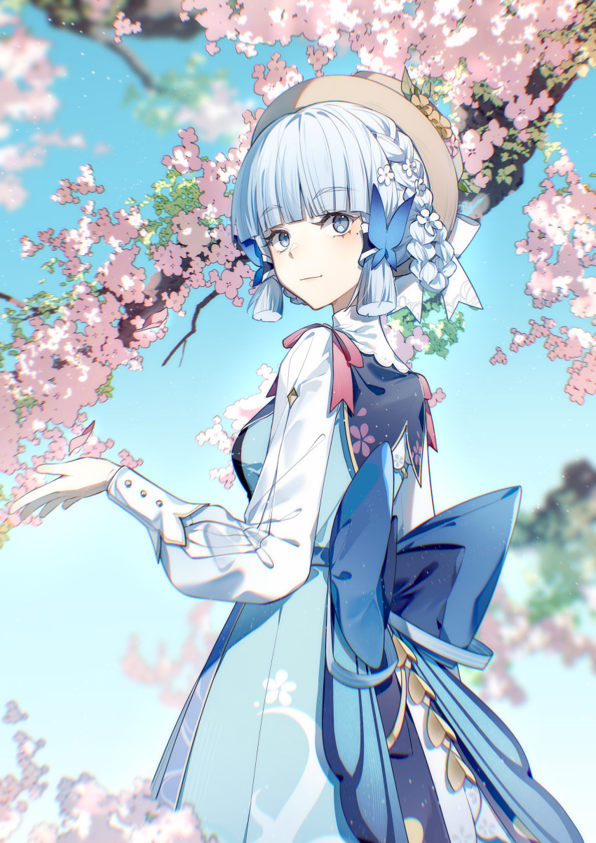 1girl, absurdres, back_bow, bangs, blue_dress, blue_eyes, blue_sky, blunt_bangs
