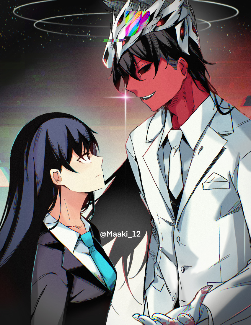 1boy, 1girl, absurdres, artist_name, beatrice_(blue_archive), black_hair, blue_archive, blue_necktie