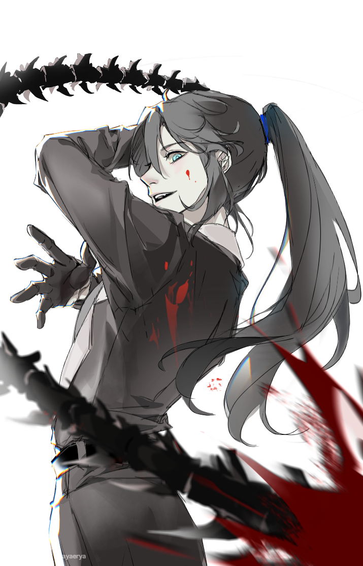 1boy, bai_liu, black_gloves, black_hair, blood, blood_on_face, chromatic_aberration, collared_shirt
