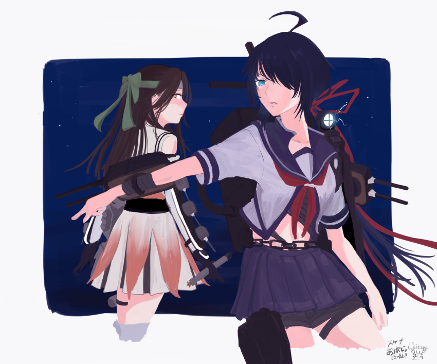 2girls, absurdres, ahoge, bangs, black_hair, black_sailor_collar, black_skirt, brown_eyes