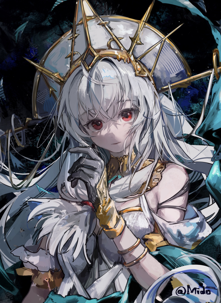 1girl, arknights, black_gloves, bracelet, gloves, hat, highres, jewelry, long_hair, mido_(mido_chen), red_eyes, skadi_(arknights), skadi_the_corrupting_heart_(arknights), skadi_the_corrupting_heart_(sublimation)_(arknights), tagme, twitter_username, white_hair