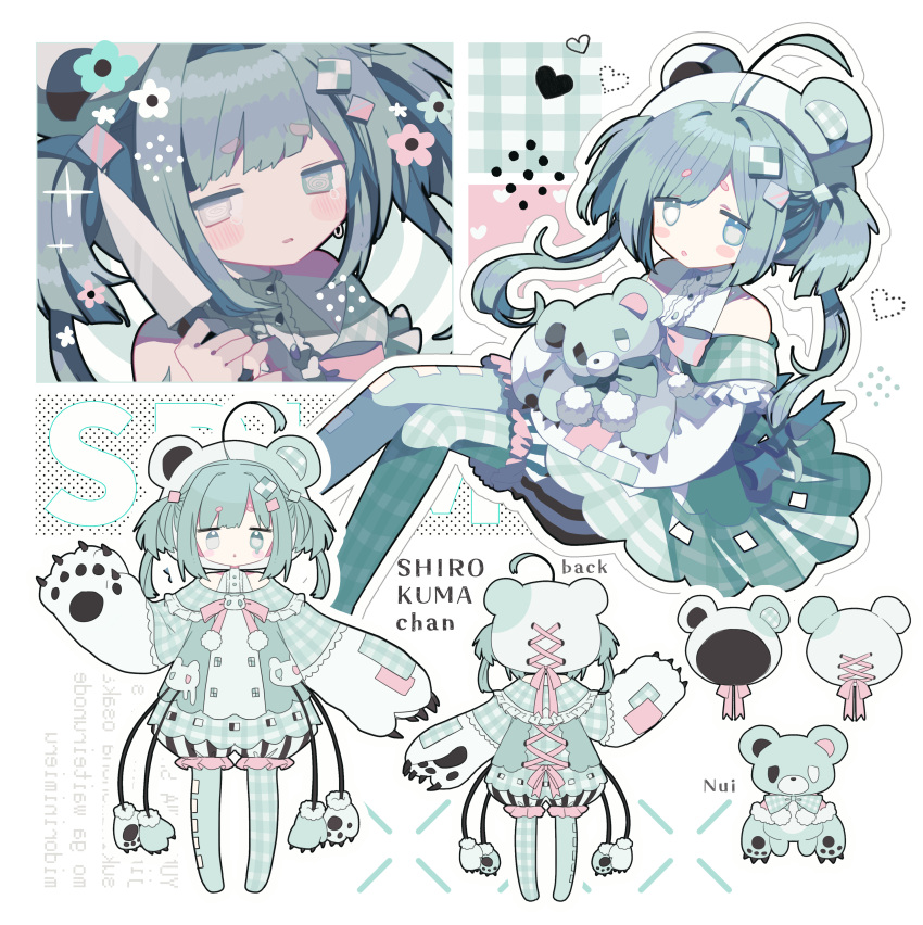 1girl, absurdres, animal_hands, animal_hood, asymmetrical_legwear, bear_hair_ornament, blush_stickers, dress