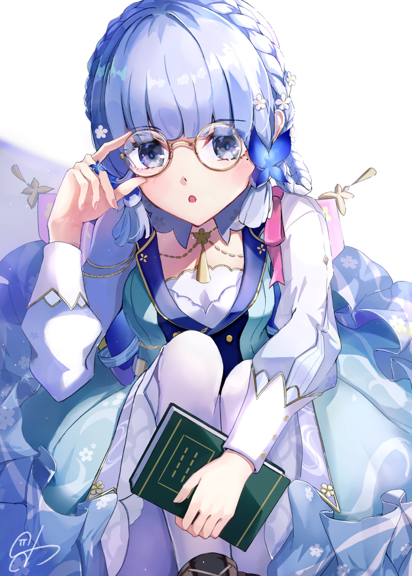 1girl, 310setsu, adjusting_eyewear, bangs, bespectacled, blue_eyes, blue_hair, blunt_bangs