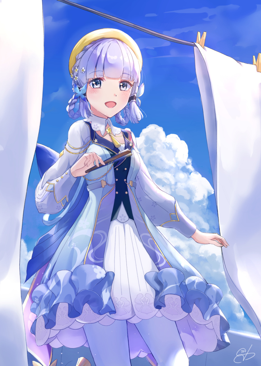 1girl, 310setsu, back_bow, bangs, blue_dress, blue_eyes, blue_hair, blue_sky