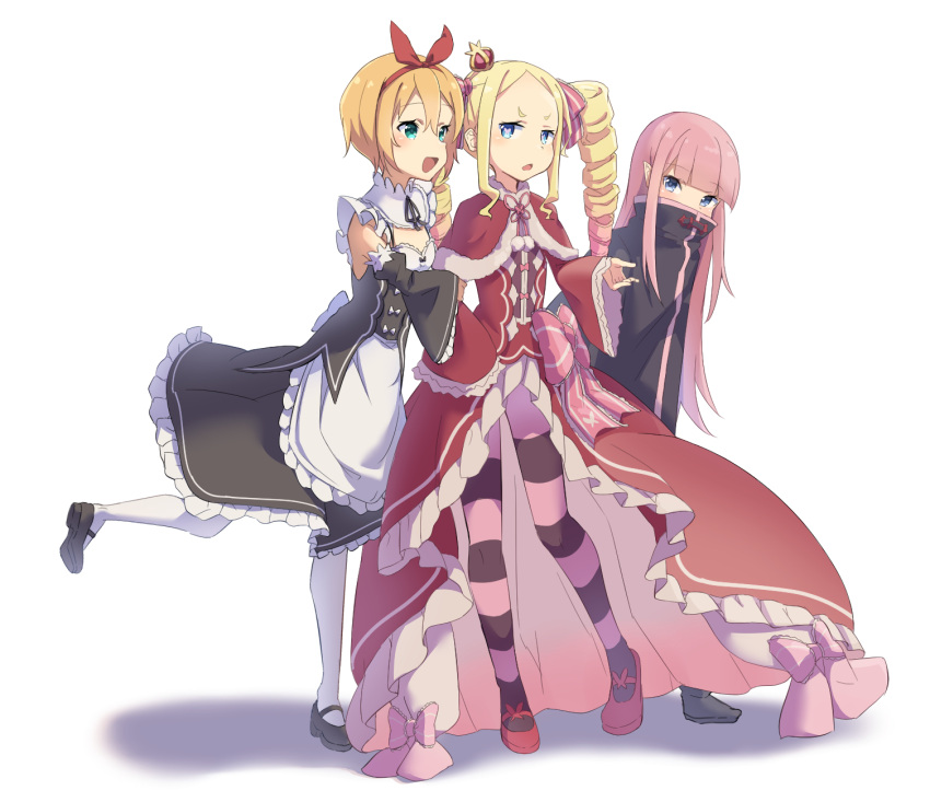 3girls, apron, beatrice_(re:zero), blue_eyes, capelet, dress, drill_hair, full_body, green_eyes, hair_ribbon, highres, hinatugu, long_hair, maid, maid_apron, multiple_girls, open_mouth, orange_hair, petra_leyte, pink_hair, re:zero_kara_hajimeru_isekai_seikatsu, red_dress, ribbon, roswaal_mansion_maid_uniform, ryuzu_meyer, short_hair, sidelocks, simple_background, standing, striped, striped_thighhighs, symbol-shaped_pupils, thigh-highs, twin_drills, white_background