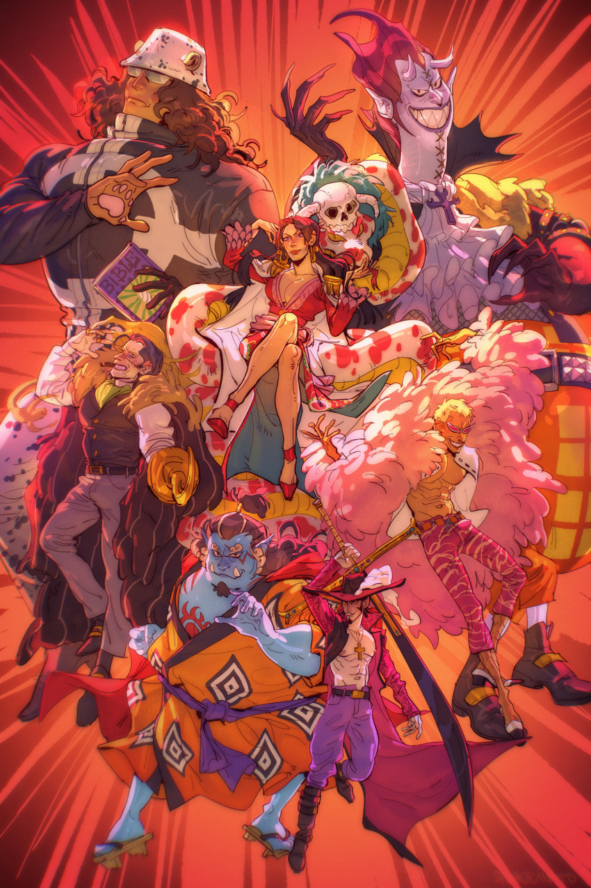1girl, 6+boys, ahoge, animal_ears, bartholomew_kuma, bear_ears, bible_(object), black_hair