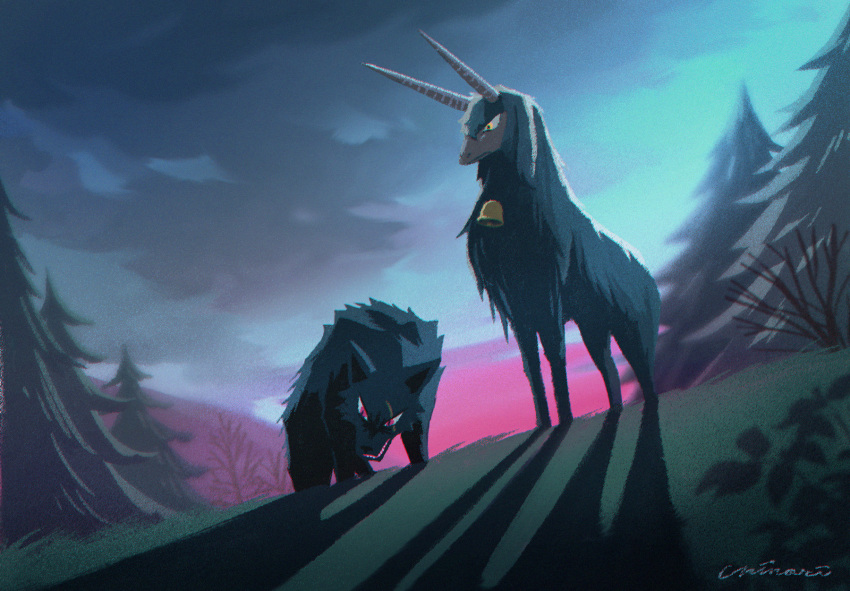 2boys, animal_focus, bell, chirin, chirin_no_suzu, forest, highres, horns