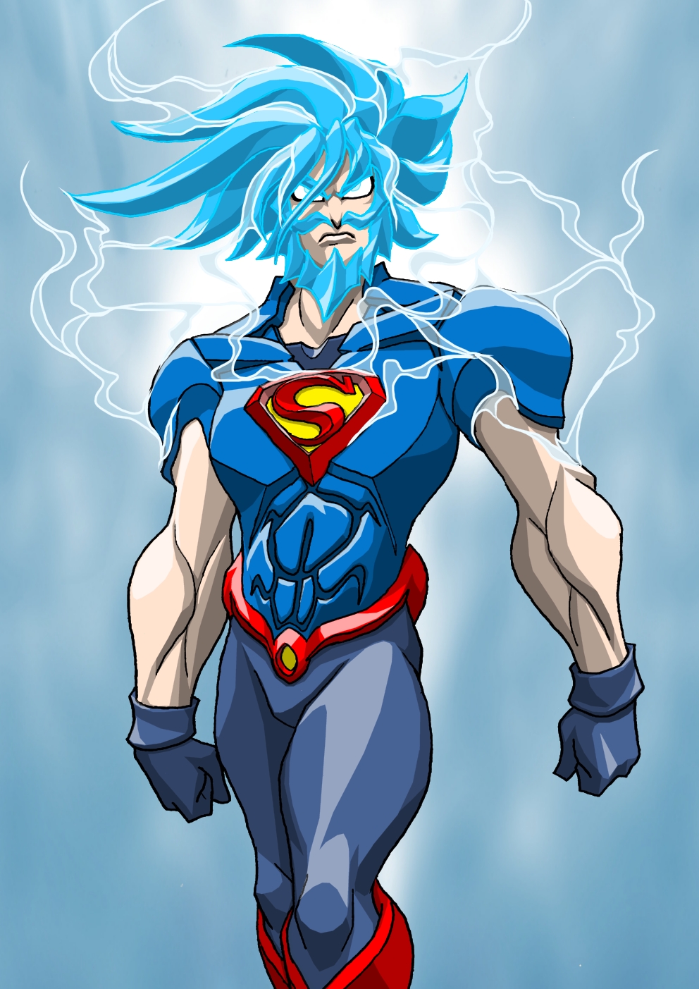 alternate_costume, alternate_universe, beard, cosplay, crossover, dc_comics, dragon_ball, electricity, facial_hair, highres, mustache, son_goku, super_saiyan, super_saiyan_blue, superhero, superman, superman_(cosplay), superman_(series), terry_jones_(tyrranux)
