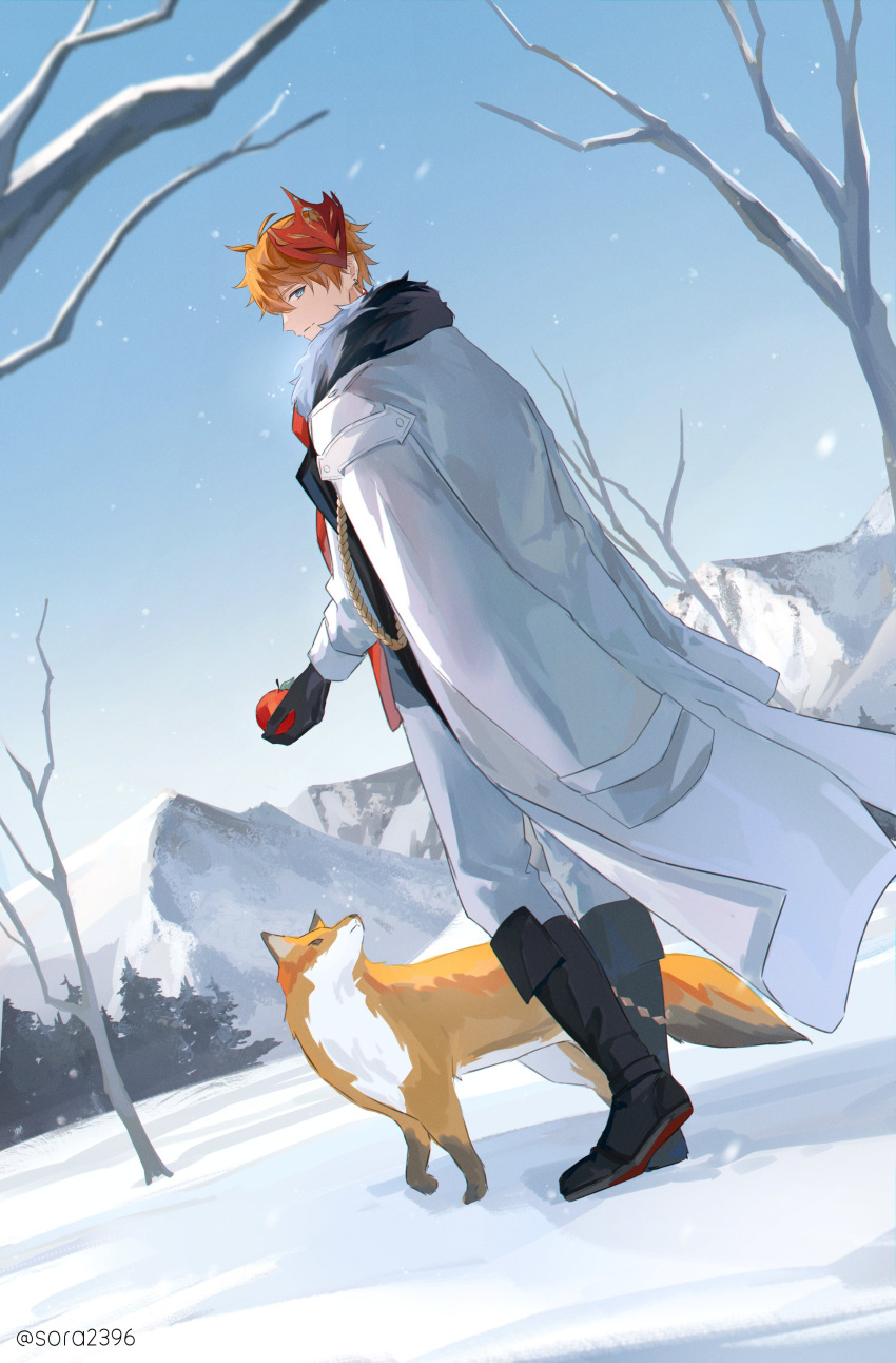 1boy, absurdres, all_fours, animal, animal_ears, animal_nose, apple, back, bangs, bare_tree, black_footwear, black_gloves, black_shirt, blue_eyes, blue_sky, boots, branch, christmas, closed_mouth, coat, crystal_earrings, day, earrings, food, fox, fox_ears, fox_tail, from_behind, fruit, fur-trimmed_coat, fur_trim, genshin_impact, gloves, gradient_sky, grey_pants, hair_between_eyes, hand_up, highres, holding, holding_food, holding_fruit, jewelry, leaf, long_sleeves, looking_at_another, looking_at_viewer, looking_back, looking_up, mask, mask_on_head, mountain, open_clothes, open_coat, orange_fur, orange_hair, outdoors, pants, red_mask, red_scarf, scarf, shirt, short_hair, single_earring, sky, smile, snow, snowing, sora2396, standing, tail, tartaglia_(genshin_impact), tree, two-tone_fur, white_coat, white_fur, winter