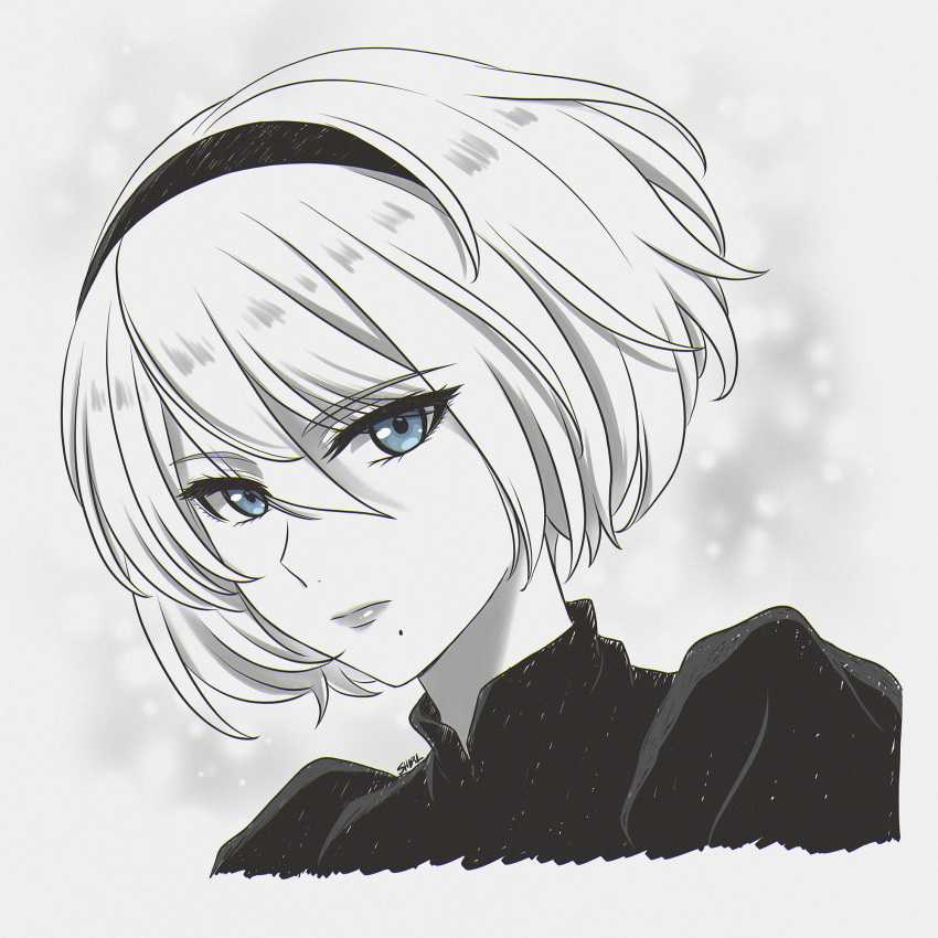 1girl, blue_eyes, commentary, cropped_shoulders, expressionless, greyscale, hairband, highres