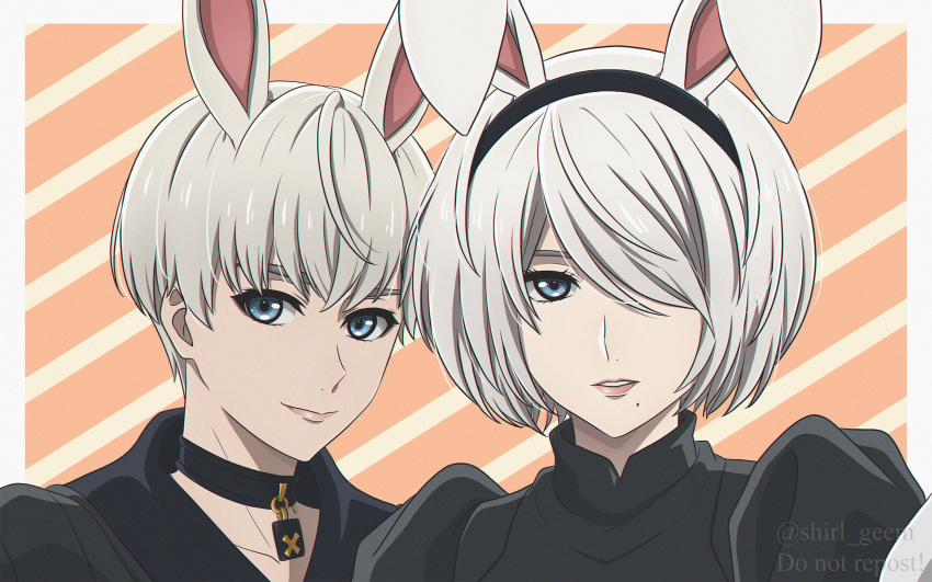 1boy, 1girl, animal_ears, black_collar, black_hairband, blue_eyes, collar, commentary
