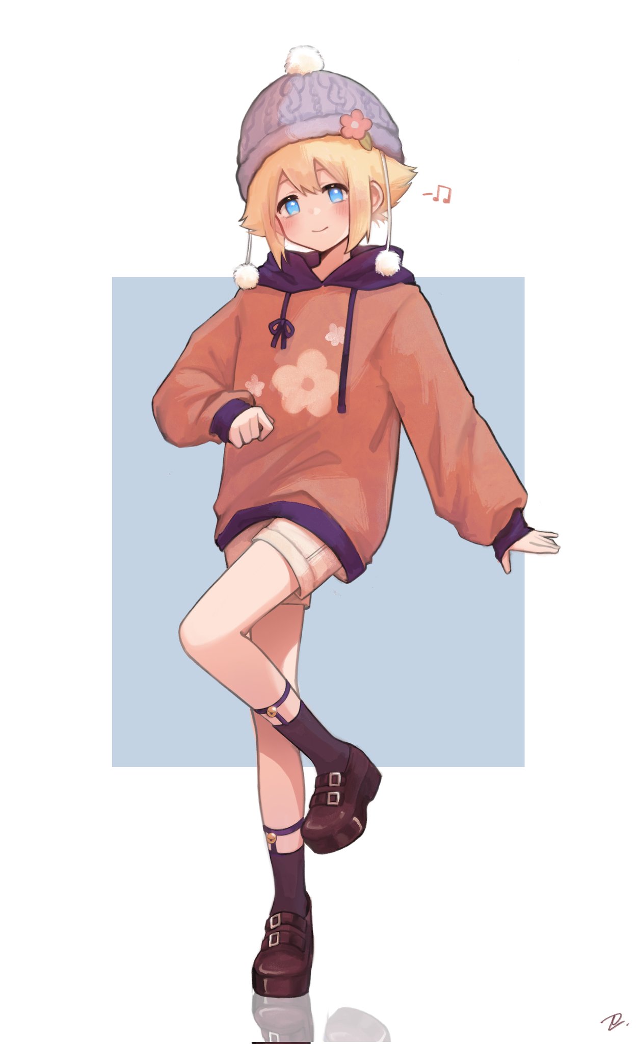 1boy, basil_(omori), black_socks, blonde_hair, blue_eyes, blush, brown_footwear, closed_mouth