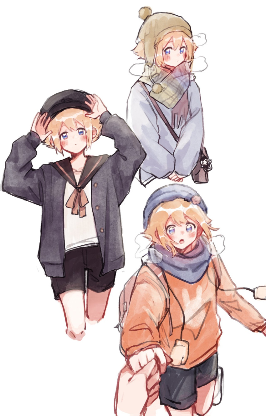 1boy, adjusting_clothes, adjusting_headwear, alternate_costume, arms_up, basil_(omori), black_headwear, black_shorts