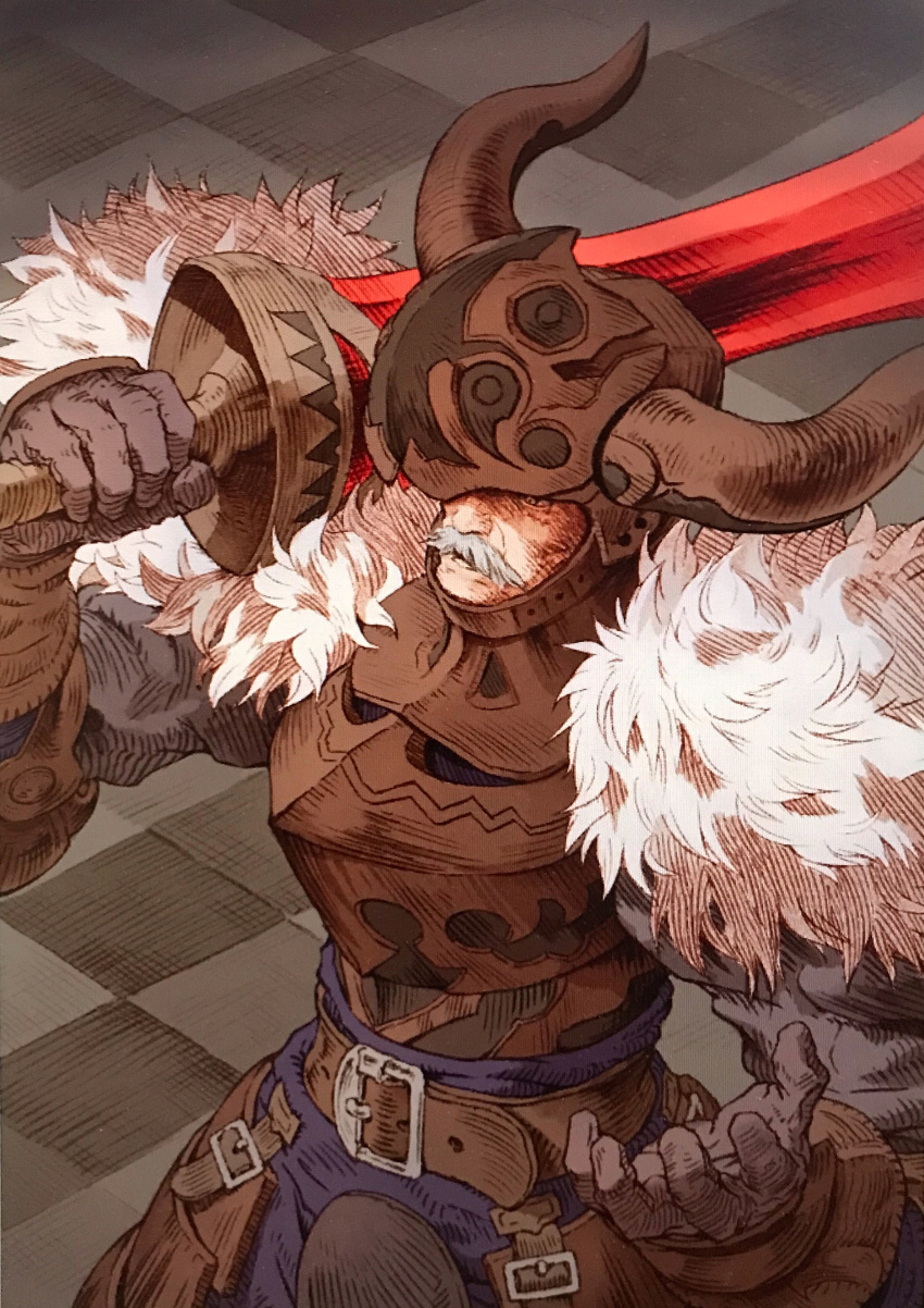 1boy, absurdres, armor, belt, facial_hair, fake_horns, final_fantasy, final_fantasy_tactics, fur_trim, gloves, goffard_gaffgarion, grey_hair, helmet, highres, horned_helmet, horns, indoors, male_focus, mustache, over_shoulder, shinichi_kobe, solo, standing, tile_floor, tiles
